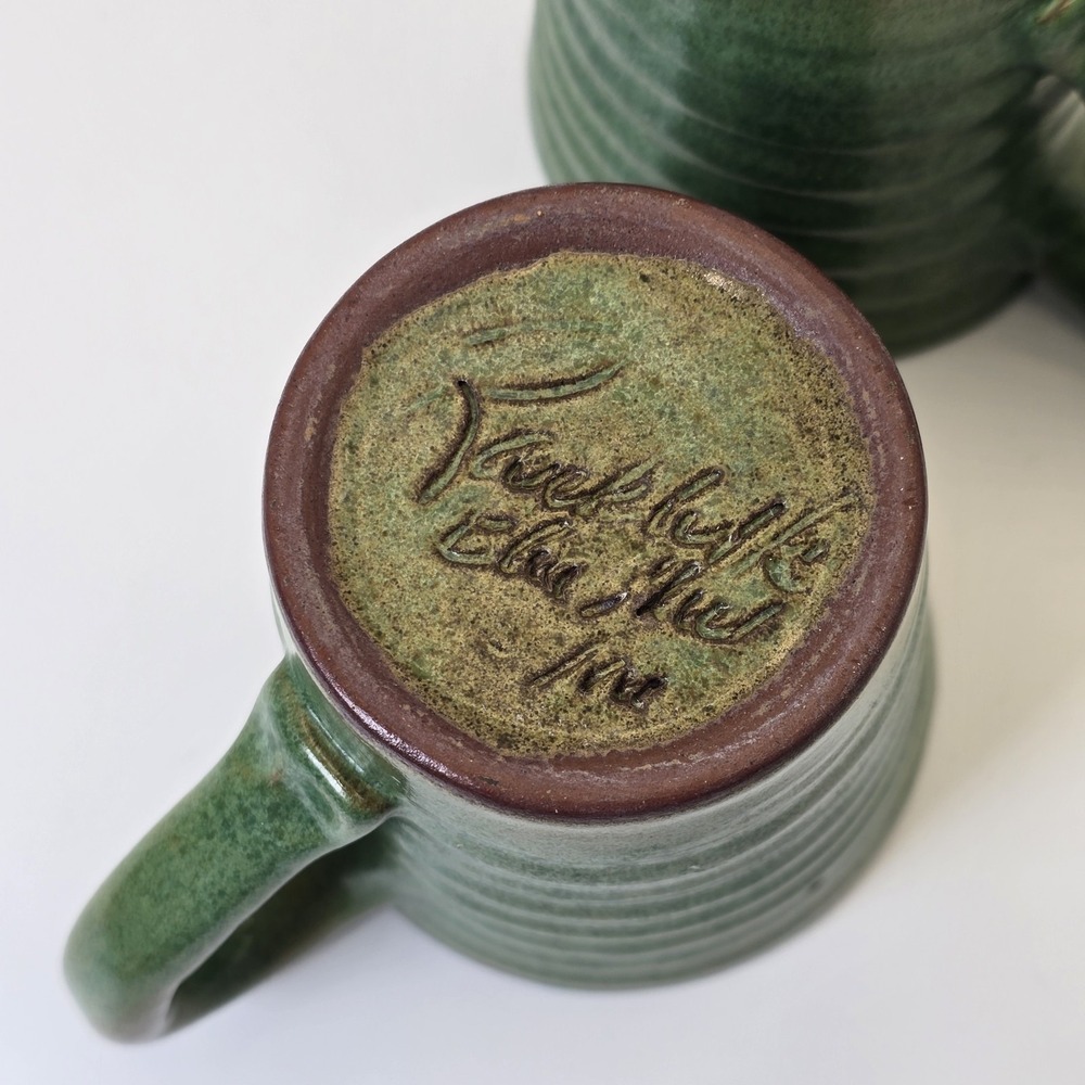 Rackliffe Pottery Blue Hill Maine Green Studio Pottery Mug Pair Signed - Picture 10 of 13